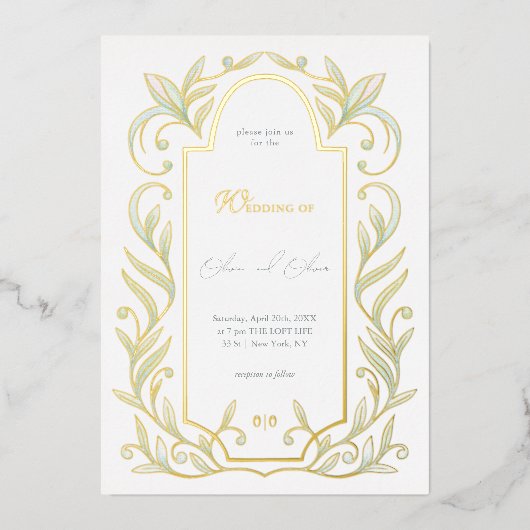 Grüne Blätter Hochzeit Folieneinladung (Vorderseite)