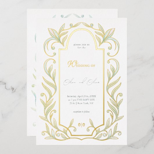 Grüne Blätter Hochzeit Folieneinladung (Vorderseite/Rückseite)