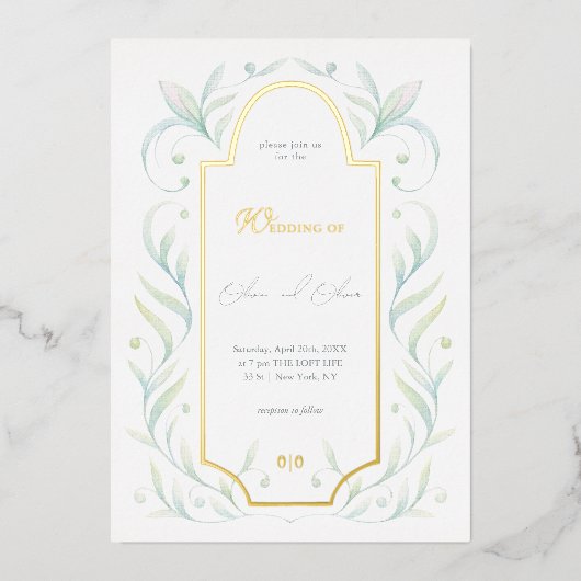 Grüne Blätter Hochzeit Folieneinladung (Vorderseite)