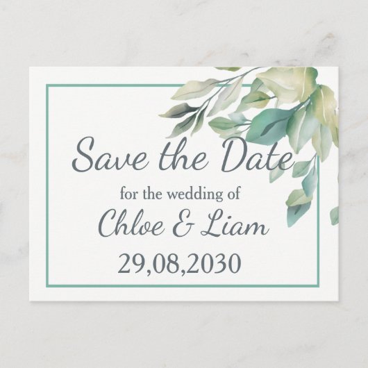 Grüne Blätter Hochzeit speichern das Datum Postkarte (Vorderseite)
