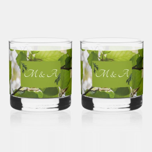 Grüne Blätter Hochzeitsbläser Whiskyglas (Rückseite)