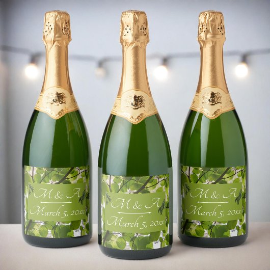 Grüne Blätter Hochzeitscreme Schaumweinetikett