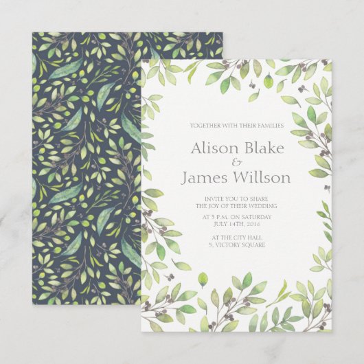Grüne Blätter Hochzeitseinladung Einladung (Vorne/Hinten)