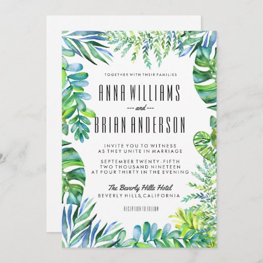 Grüne Blätter Hochzeitsfeier im Wasserfarbenbereic Einladung (Vorne/Hinten)