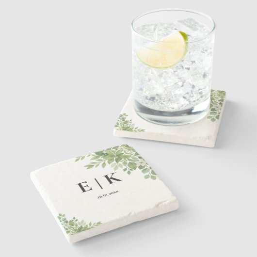 Grüne Blätter Hochzeitsfeier Steinuntersetzer (Seitenansicht)