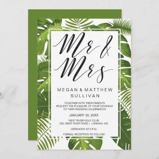 Grüne Blätter Hochzeitskarte| Herr und Frau Einladung (Vorne/Hinten)
