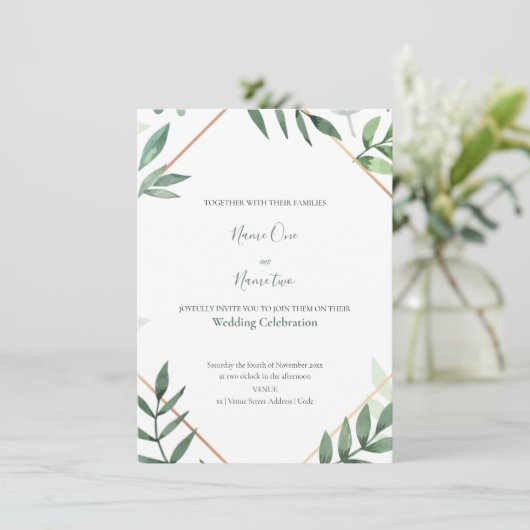 Grüne Blätter im Rahmen der Hochzeitseinladung Einladung (Stehend Vorderseite)