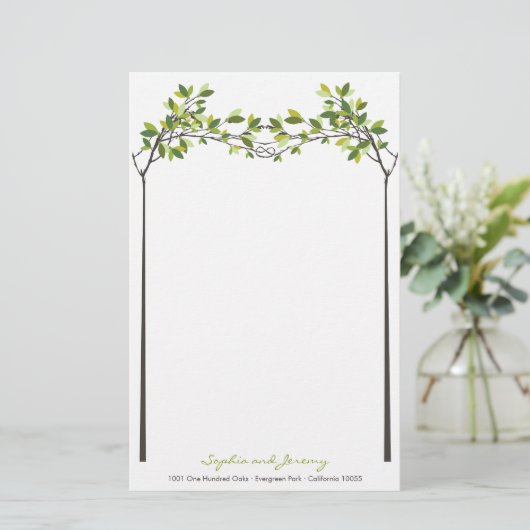 Grüne Blätter Knotted Liebe Trees Summer Wedding Briefpapier (Stehend Vorderseite)