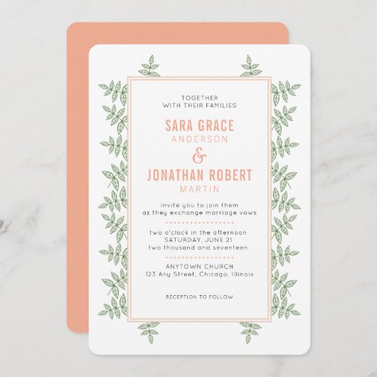 Grüne Blätter Korallengrenze Einladung zur Hochzei (Vorne/Hinten)