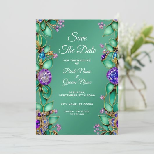 Grüne Blätter Lila Edelsteine Save the Date (Stehend Vorderseite)