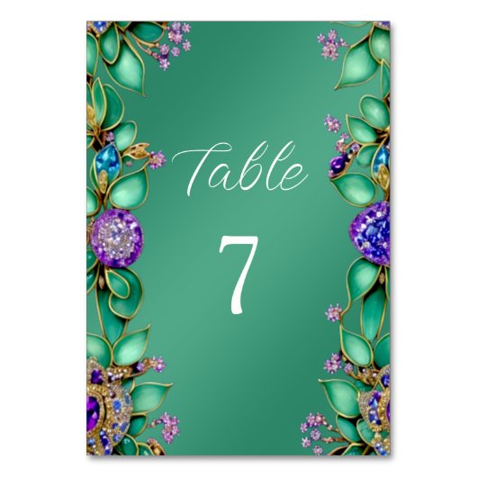 Grüne Blätter Lila Edelsteine Tischnummer (Vorderseite)