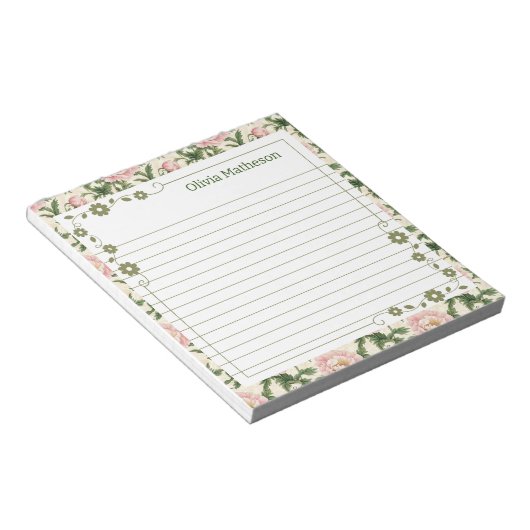 Grüne Blätter mit rosa Blumengrenzen Notizblock (angewinkelt)