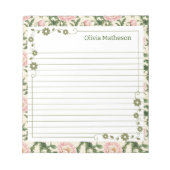 Grüne Blätter mit rosa Blumengrenzen Notizblock (Vorderseite)