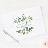 Grüne Blätter mit Wasserfarbe speichern das Datum Runder Aufkleber (Umschlag)