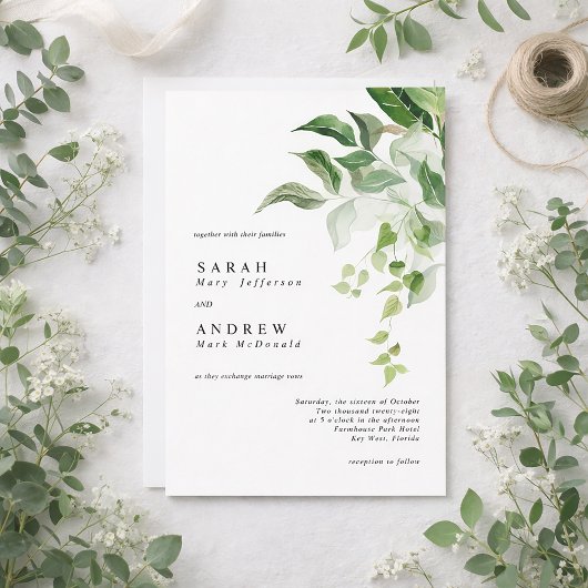 Grüne Blätter Moderne Minimale Hochzeit Einladung