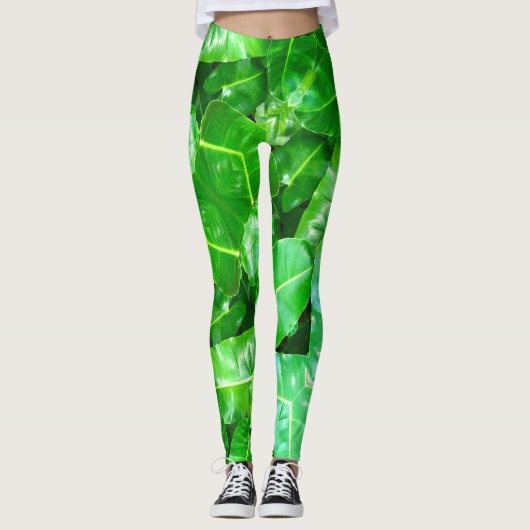 Grüne Blätter Palmblättriger Dschungel Leggings (Vorderseite)