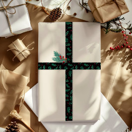 Grüne Blätter & Red Berries Weihnachtsmuster Schwa Satinband