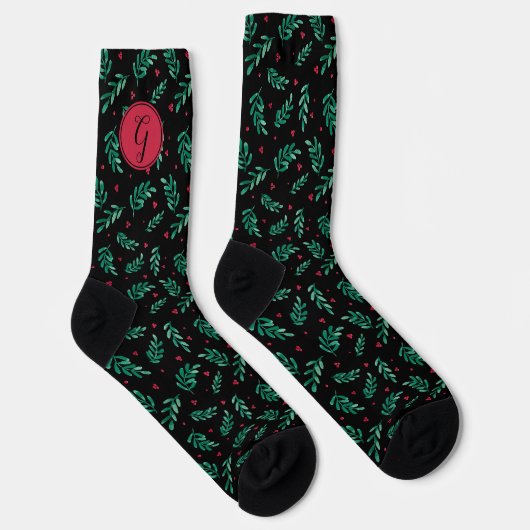 Grüne Blätter & Red Berries Weihnachtsmuster Schwa Socken (Rechts)