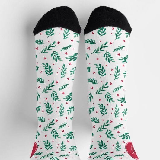 Grüne Blätter & Red Berries Weihnachtsmuster Weiß Socken (Oben)