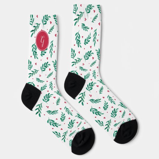 Grüne Blätter & Red Berries Weihnachtsmuster Weiß Socken (Rechts)