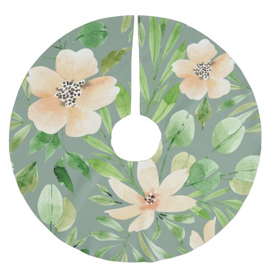 Grüne Blätter, rosa Blume: Wasserfarbe. Polyester Weihnachtsbaumdecke (Vorderseite)