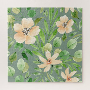 Grüne Blätter, rosa Blume: Wasserfarbe. Puzzle