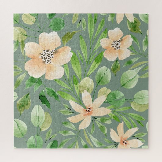 Grüne Blätter, rosa Blume: Wasserfarbe. Puzzle (Vertikal)