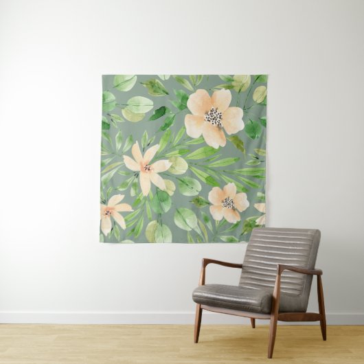 Grüne Blätter, rosa Blume: Wasserfarbe. Wandteppich (Beispiel (Horizontal))