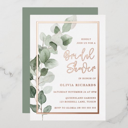 Grüne Blätter Rose Gold Foil Border Brautparty Folieneinladung (Vorderseite/Rückseite)