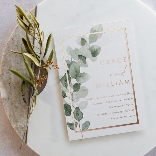 Grüne Blätter Rose Gold Foil Border Wedding Folieneinladung