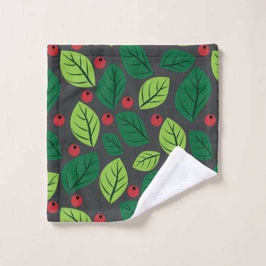 Grüne Blätter, rote Berries, Muster von Blätter Badhandtuch Set (Waschlappen)