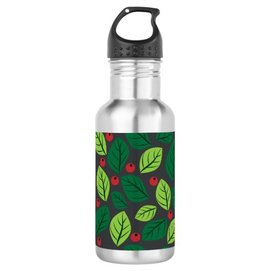 Grüne Blätter, rote Berries, Muster von Blätter Edelstahlflasche (Vorderseite)
