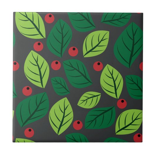 Grüne Blätter, rote Berries, Muster von Blätter Fliese (Vorderseite)