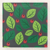 Grüne Blätter, rote Berries, Muster von Blätter Glasuntersetzer (Vorderseite)