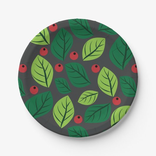 Grüne Blätter, rote Berries, Muster von Blätter Pappteller (Vorderseite)