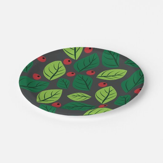 Grüne Blätter, rote Berries, Muster von Blätter Pappteller (Schrägansicht)
