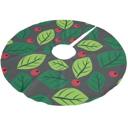 Grüne Blätter, rote Berries, Muster von Blätter Polyester Weihnachtsbaumdecke (Schrägansicht)