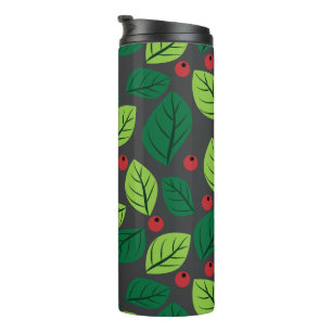 Grüne Blätter, rote Berries, Muster von Blätter Thermosbecher