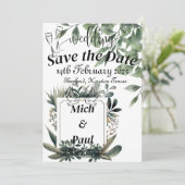 Grüne Blätter Save the Date mit elegantem weißem R Einladung (Stehend Vorderseite)