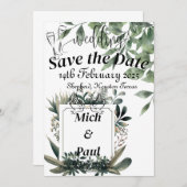 Grüne Blätter Save the Date mit elegantem weißem R Einladung (Vorne/Hinten)