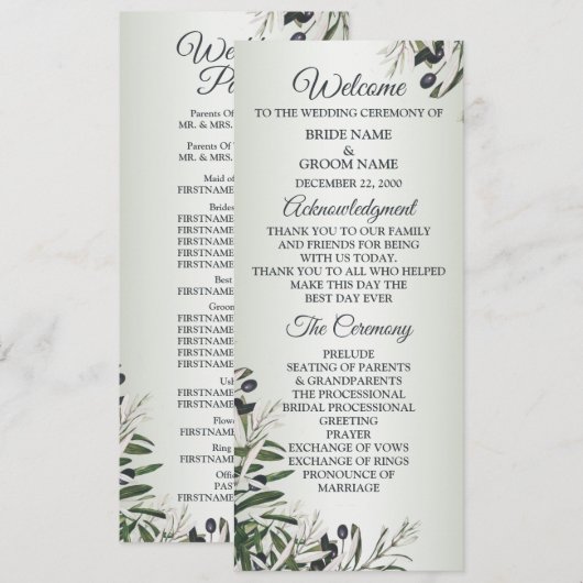 Grüne Blätter Schwarze Olive Elegante Hochzeit Programm (Vorne/Hinten)