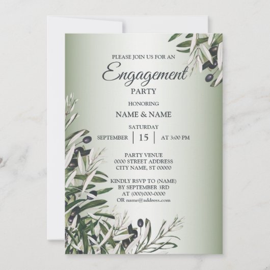 Grüne Blätter Schwarzes Olive Engagement Partei Einladung (Vorderseite)