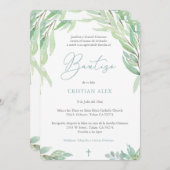 Grüne Blätter Spanische Bautizo, Grüne Taufe Einladung (Vorne/Hinten)