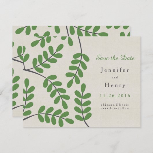 Grüne Blätter Speichern Sie die Datumskarten Save The Date (Vorne/Hinten)
