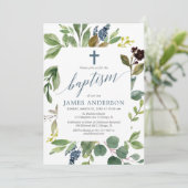 Grüne Blätter staubige blaue Taufe Einladung (Stehend Vorderseite)