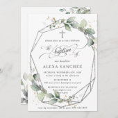 Grüne Blätter Taufe Silver Geometric Einladung (Vorne/Hinten)