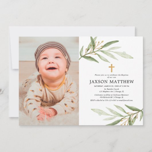 Grüne Blätter Taufe Widmung Grün Foto Einladung (Vorderseite)