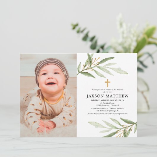 Grüne Blätter Taufe Widmung Grün Foto Einladung (Stehend Vorderseite)