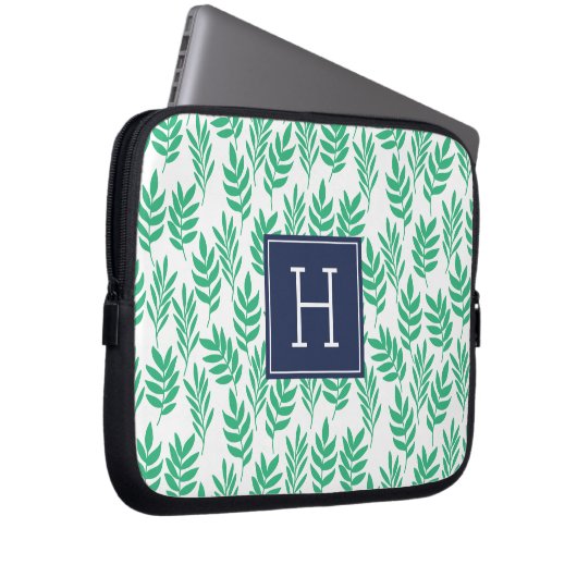 Grüne Blätter und blaue Monogramm Laptopschutzhülle (Vorne Rechts)