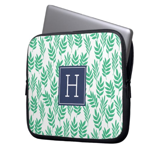Grüne Blätter und blaue Monogramm Laptopschutzhülle (Vorderseite Links)